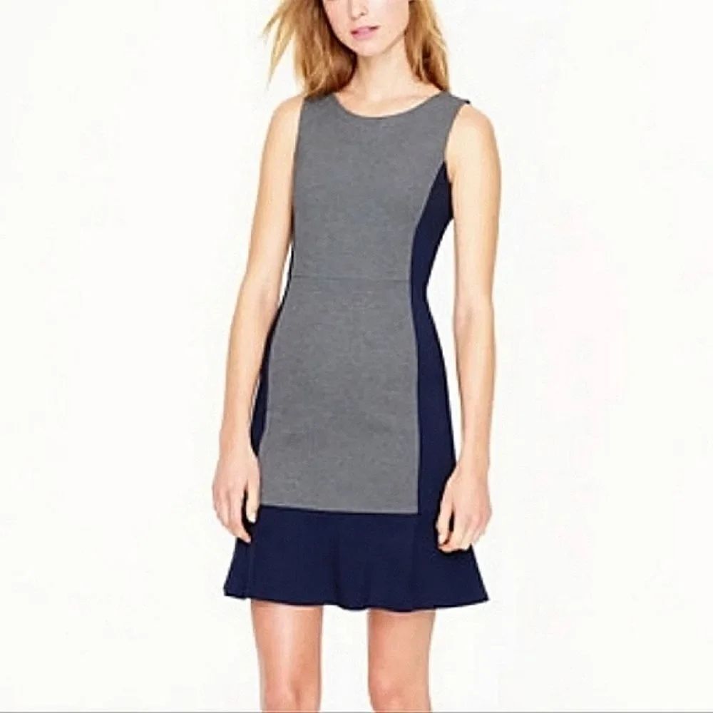J. Crew Sleeveless Colorblock Navy & Gray Sheath Dress with Flounced Hemline